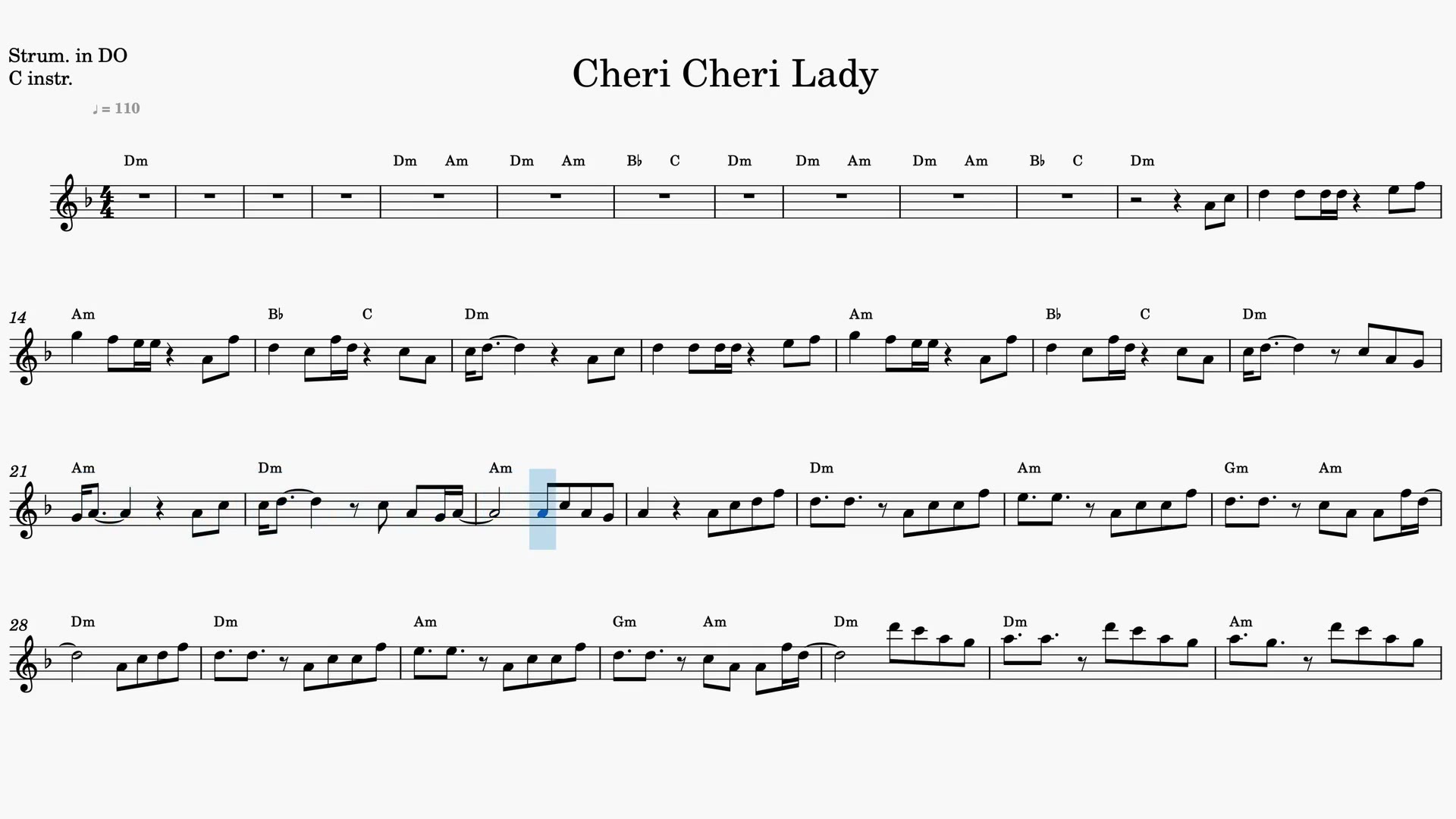 Cheri Cheri Lady — Video score preview in C