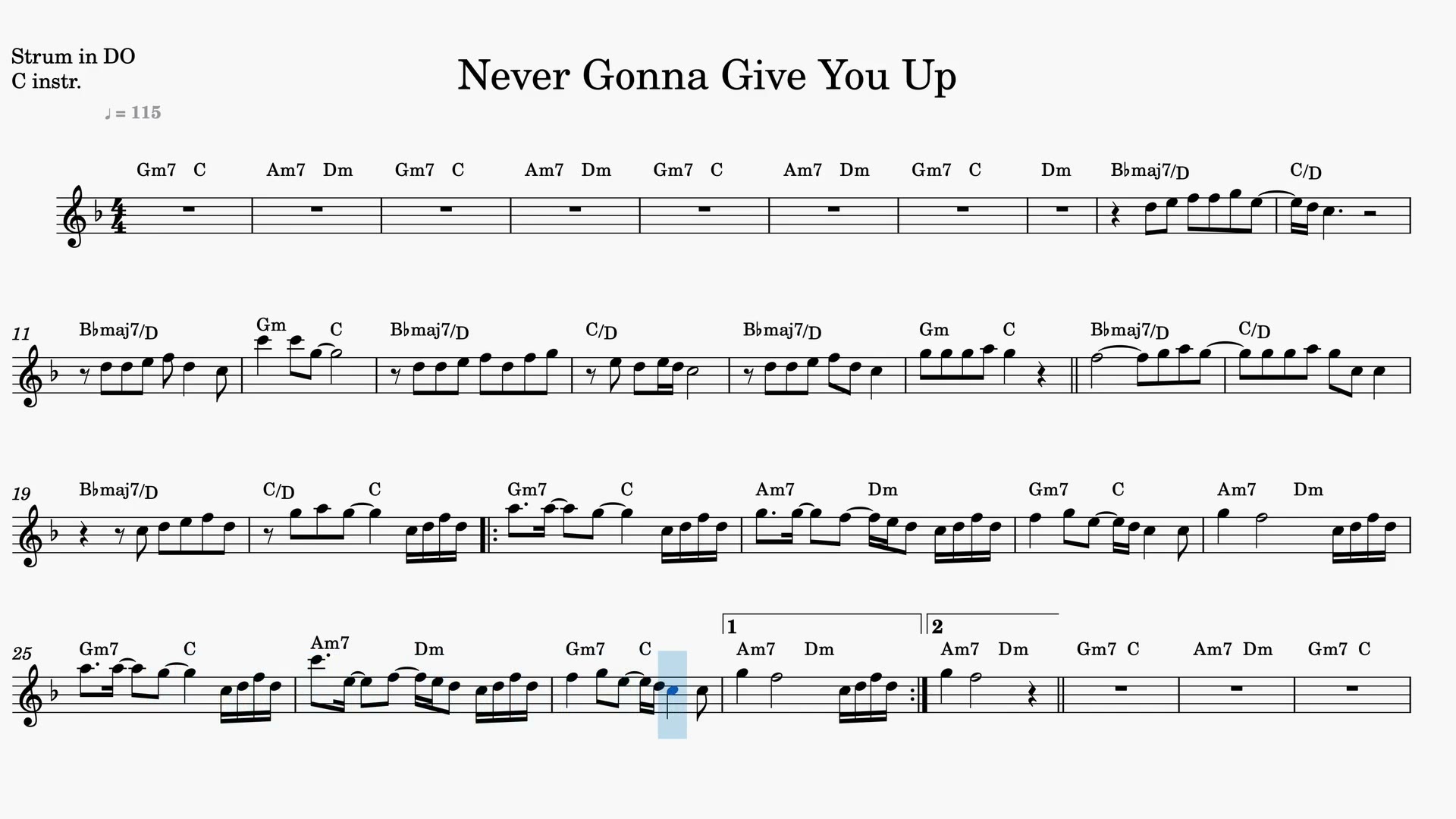 Never Gonna Give You Up — Prévia do vídeo de partitura em Dó