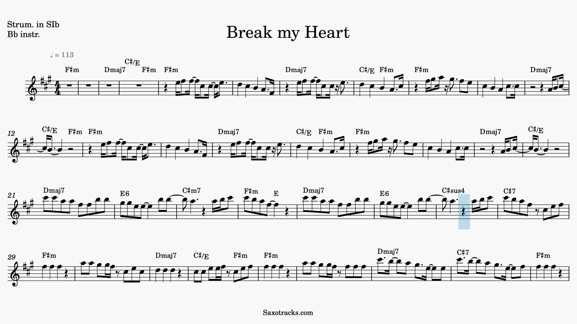 Break my Heart — Video score preview in Bb