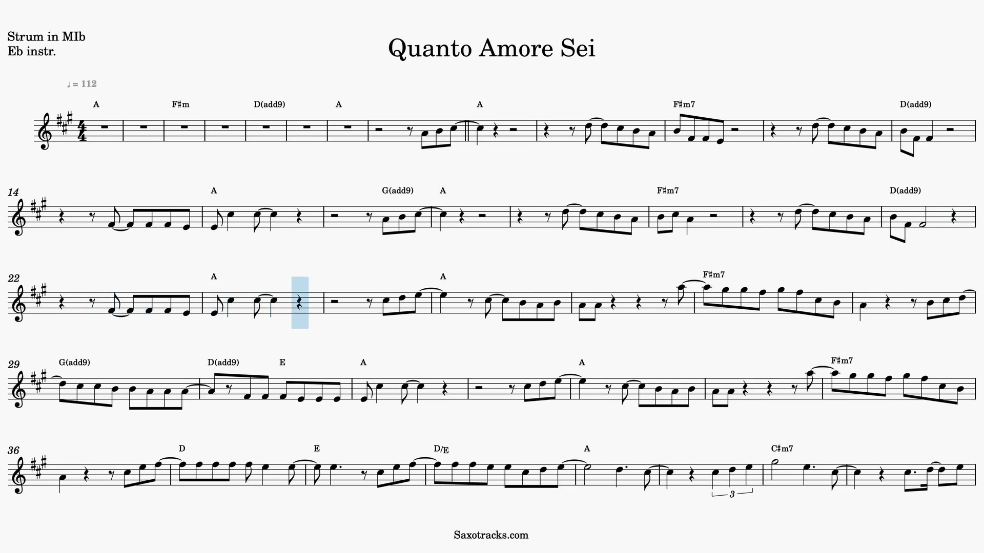 Quanto Amore Sei — Video score preview in Eb