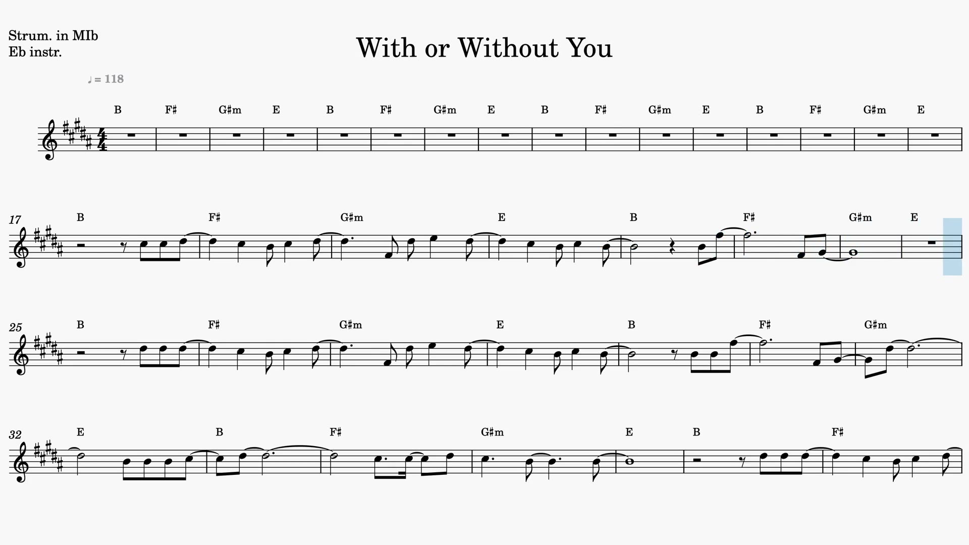 With or Without You — Video-Notenvorschau in Es