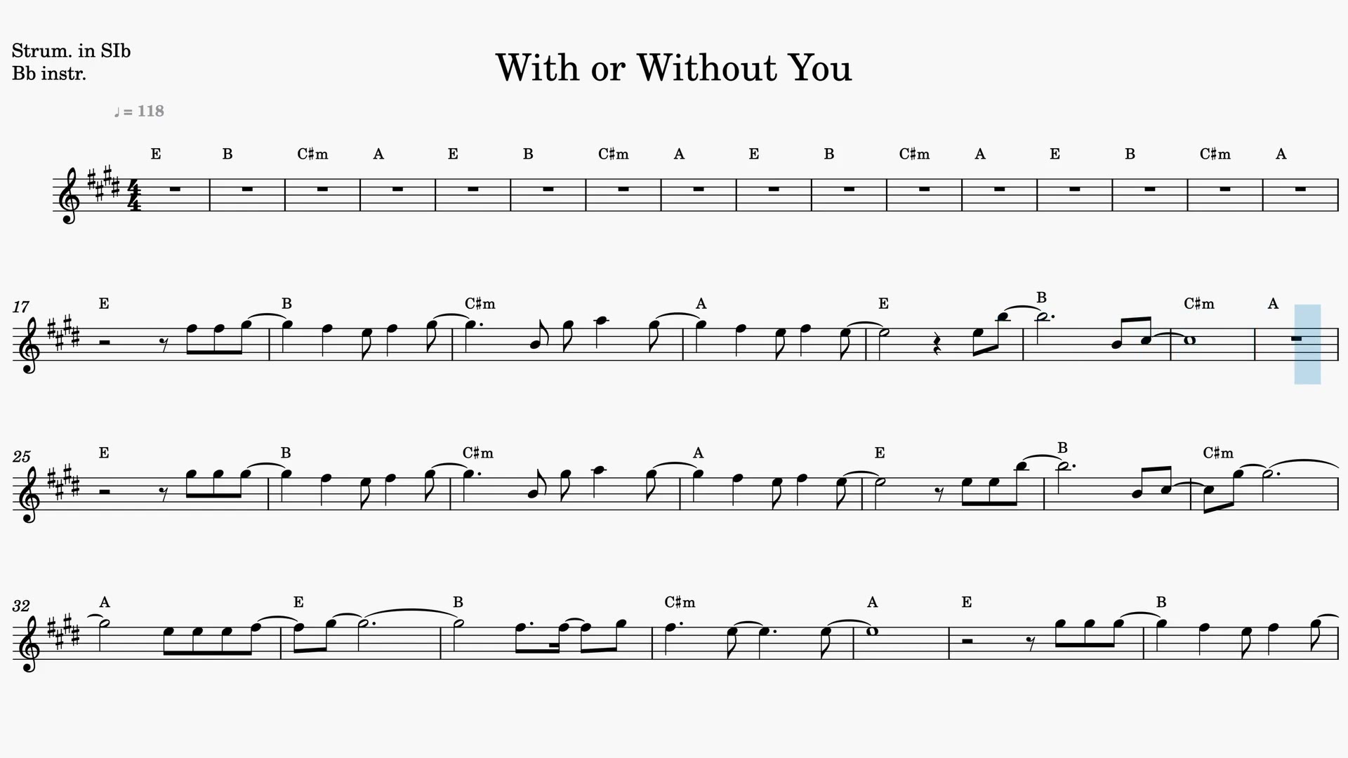 With or Without You — Video-Notenvorschau in B